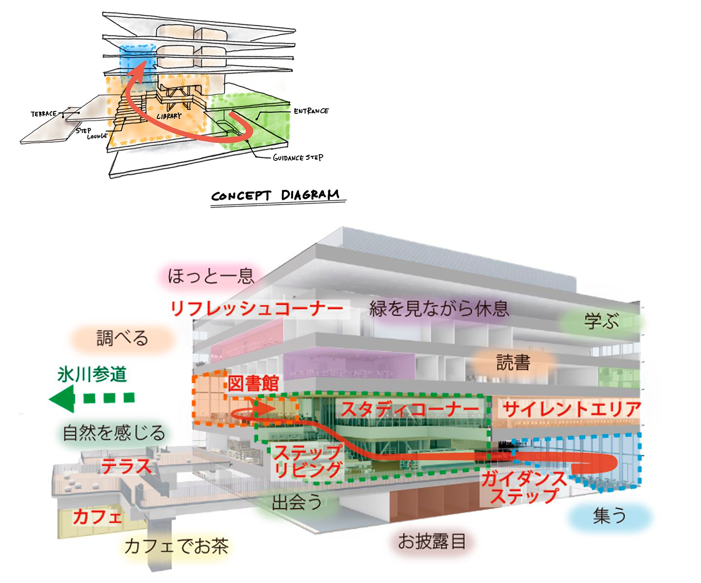 スパイラル上につながる空間と多様なアクティビティ