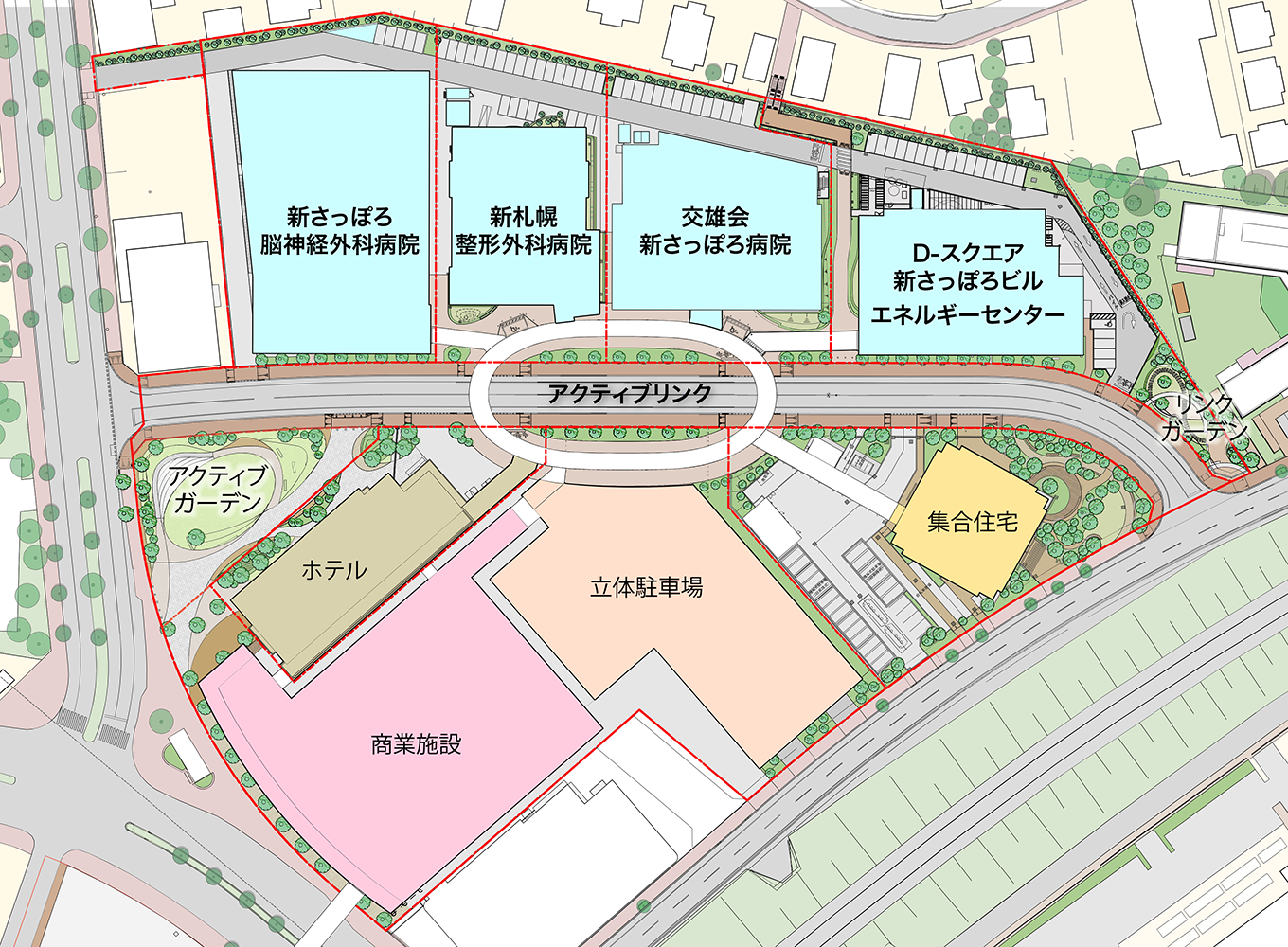街区の複数建物を円環状につなぐ
